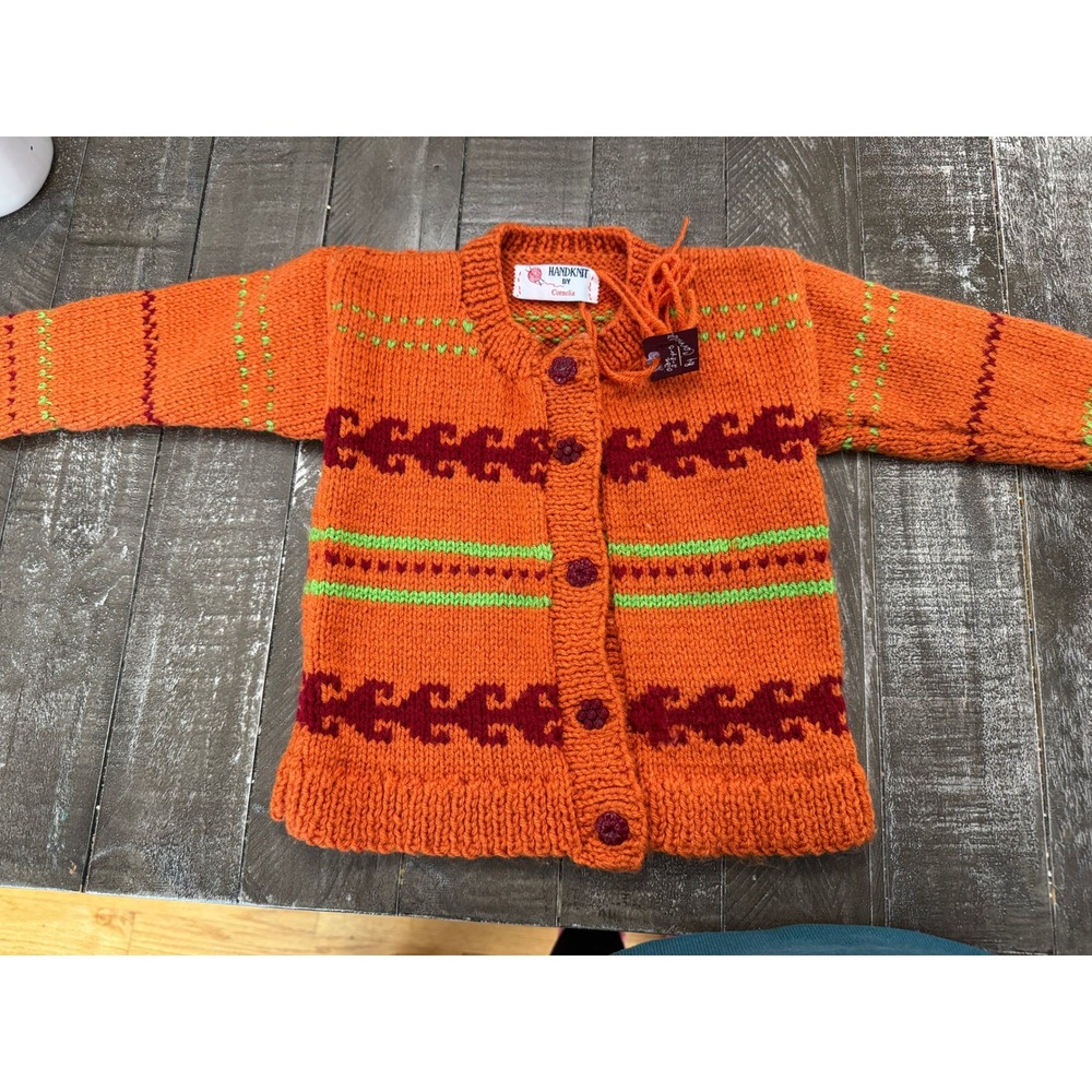 HANDKNIT Nordic Baby Sweater Size 2-3‎ Years Orange/Maroon/Green